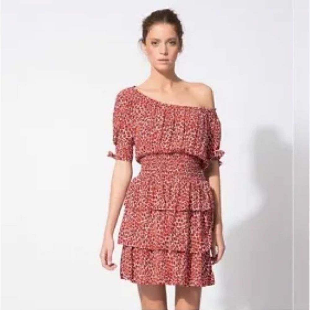 Maje Paris Rafia Print Mini Dress with Smocked Waist. Orange/Blue. Size Medium.